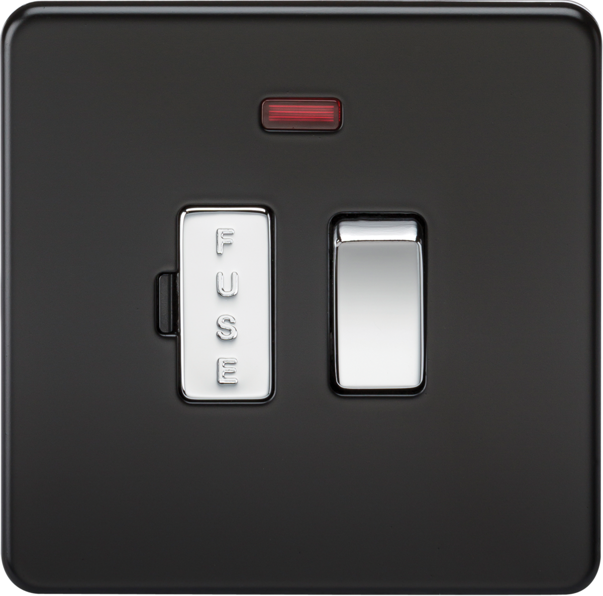 Screwless 13A Switched Fused Spur Unit with Neon - Matt Black With Chrome Rocker