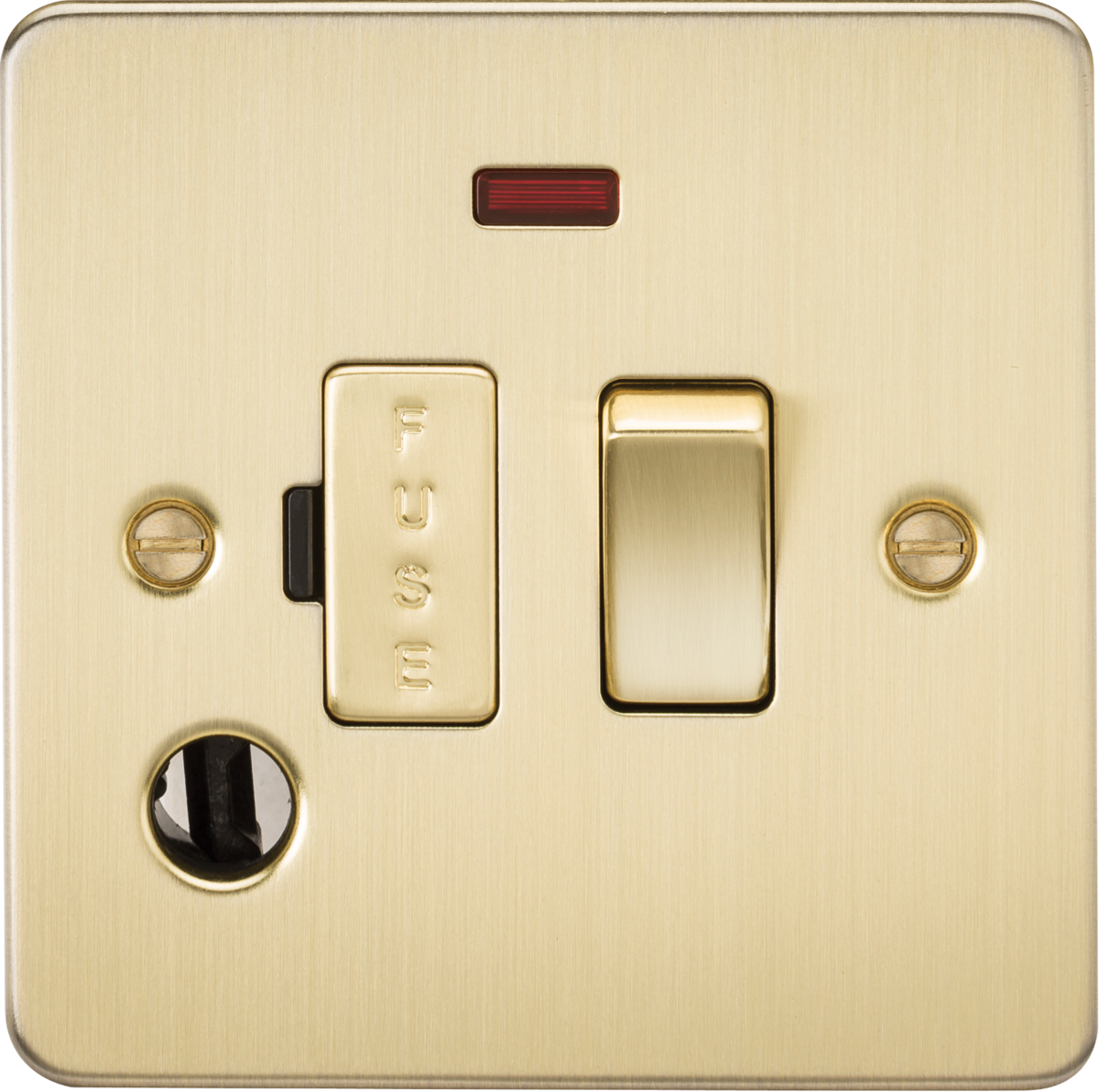 Flat Plate 13A switched fused spur unit with neon and flex outlet - brushed brass