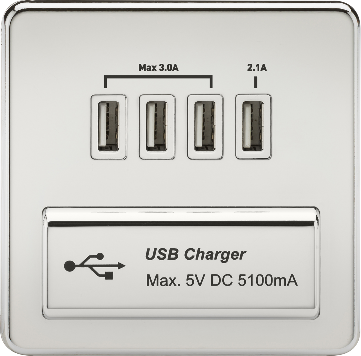 Screwless Quad USB Charger Outlet (5.1A) - Polished Chrome with White Insert