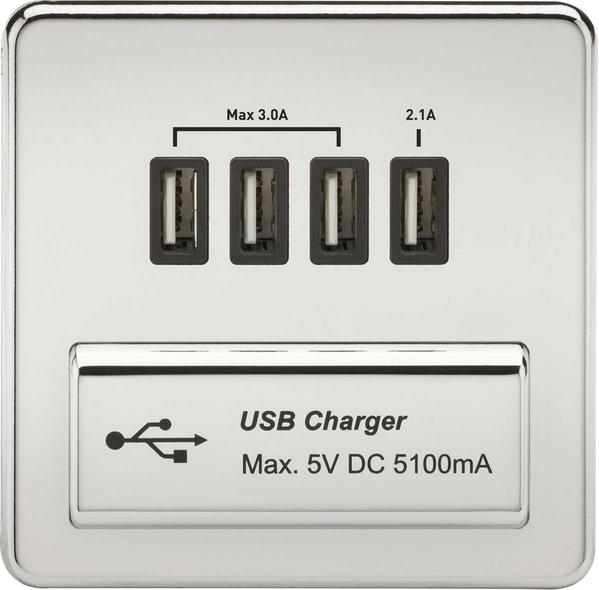 Screwless Quad USB Charger Outlet (5.1A) - Polished Chrome with Black Insert