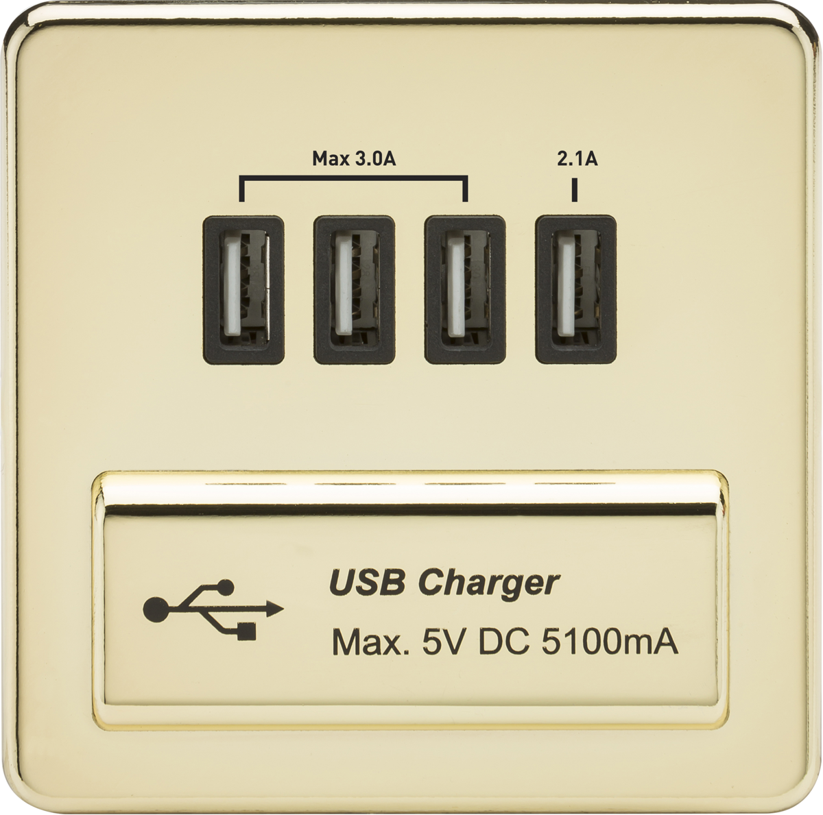 Screwless Quad USB Charger Outlet (5.1A) - Polished Brass with Black Insert