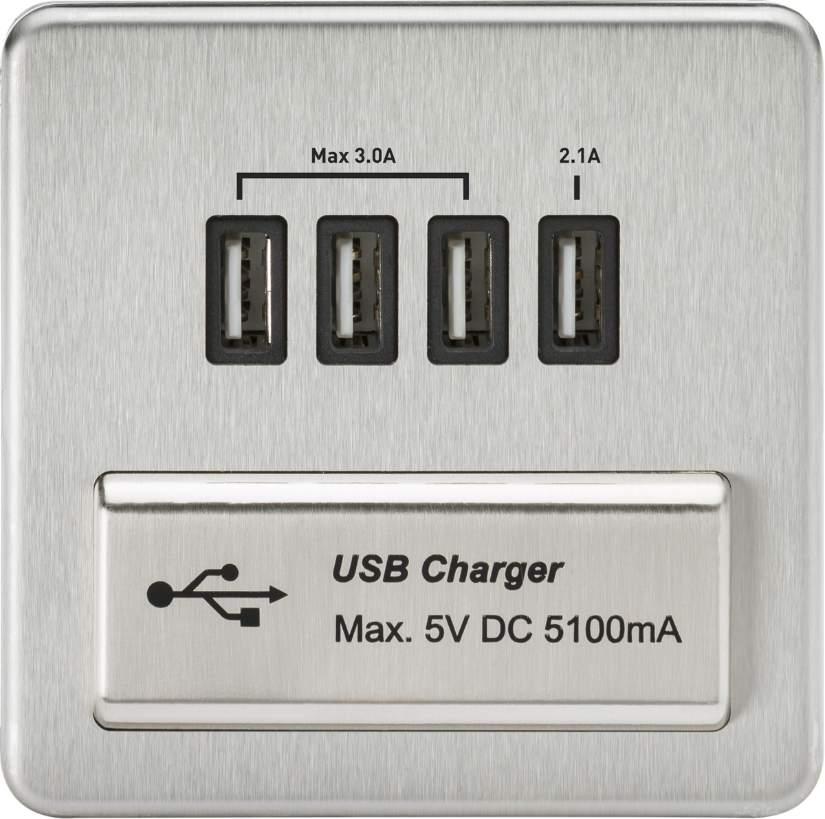 Screwless Quad USB Charger Outlet (5.1A) - Brushed Chrome with Black Insert