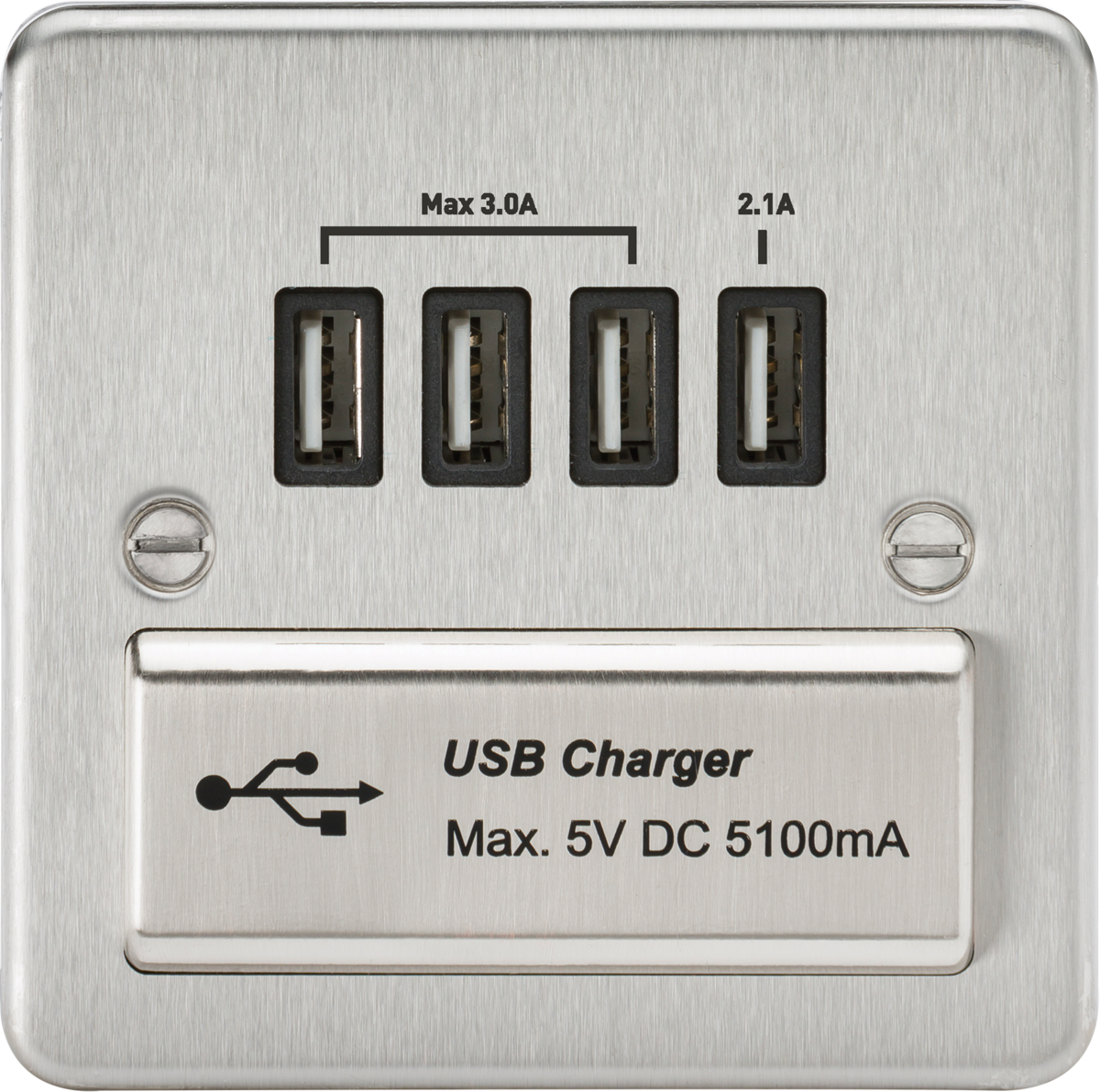 Flat Plate Quad USB charger outlet - Brushed chrome with black insert