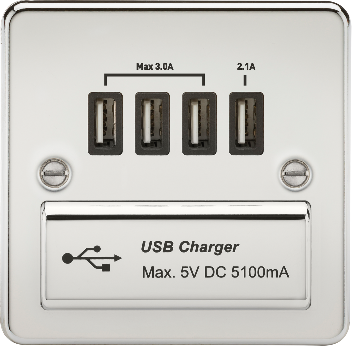 Flat Plate Quad USB charger outlet - Polished chrome with black insert