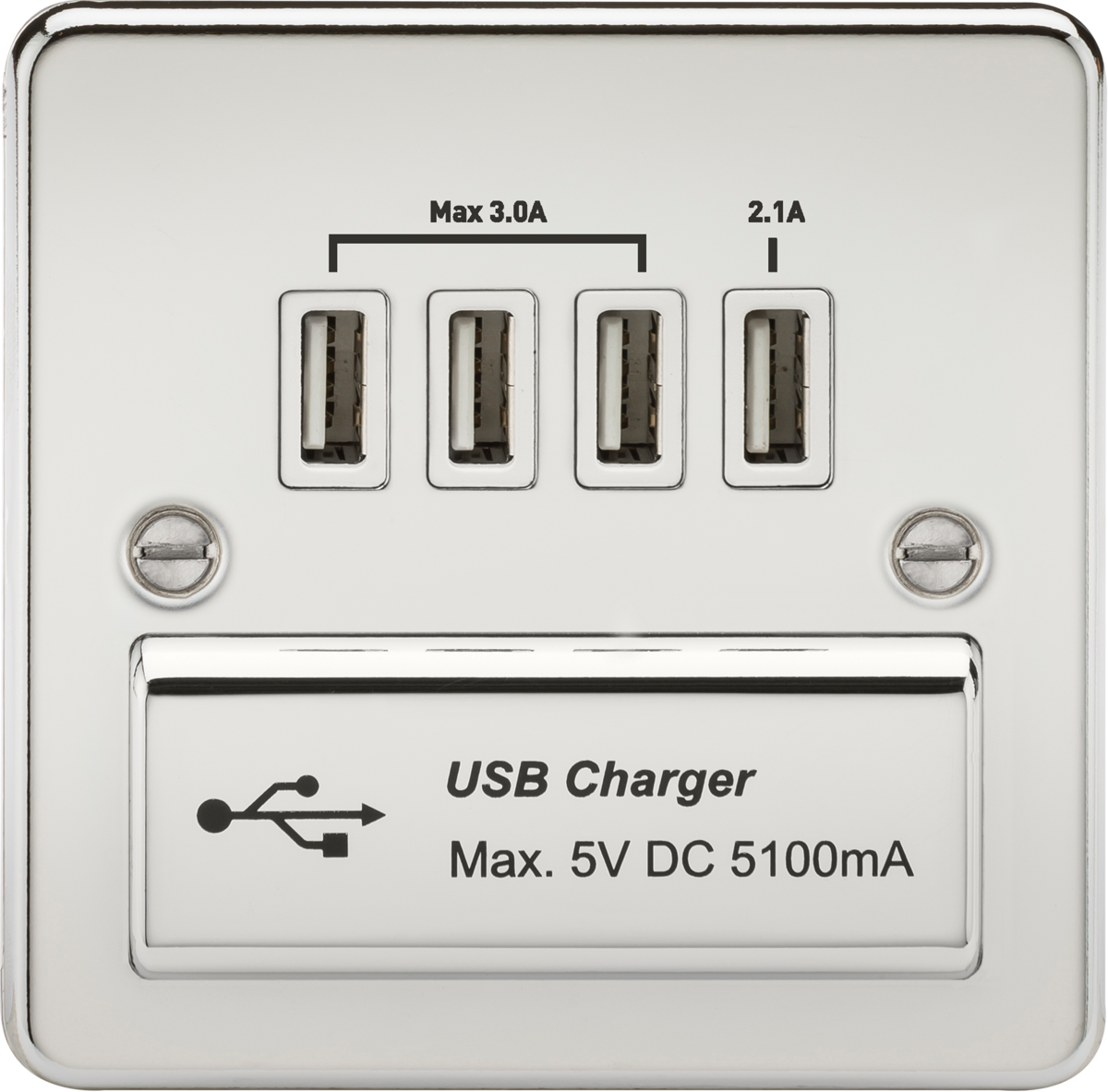 Flat Plate Quad USB charger outlet - Polished chrome with white insert