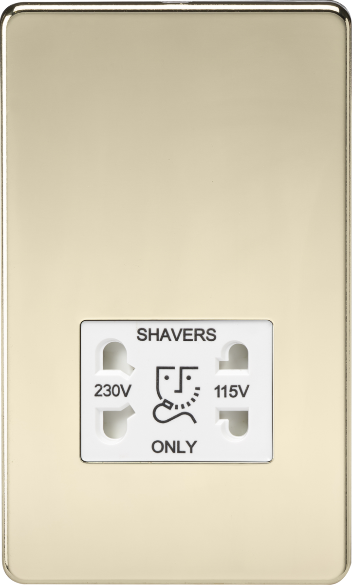 Screwless 115V/230V Dual Voltage Shaver Socket - Polished Brass with White Insert