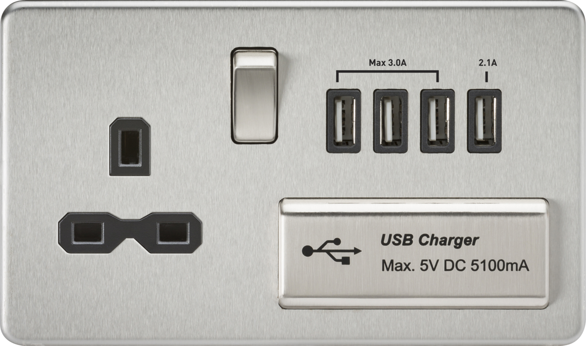 Screwless 13A switched socket with quad USB charger (5.1A) - brushed chrome with black insert