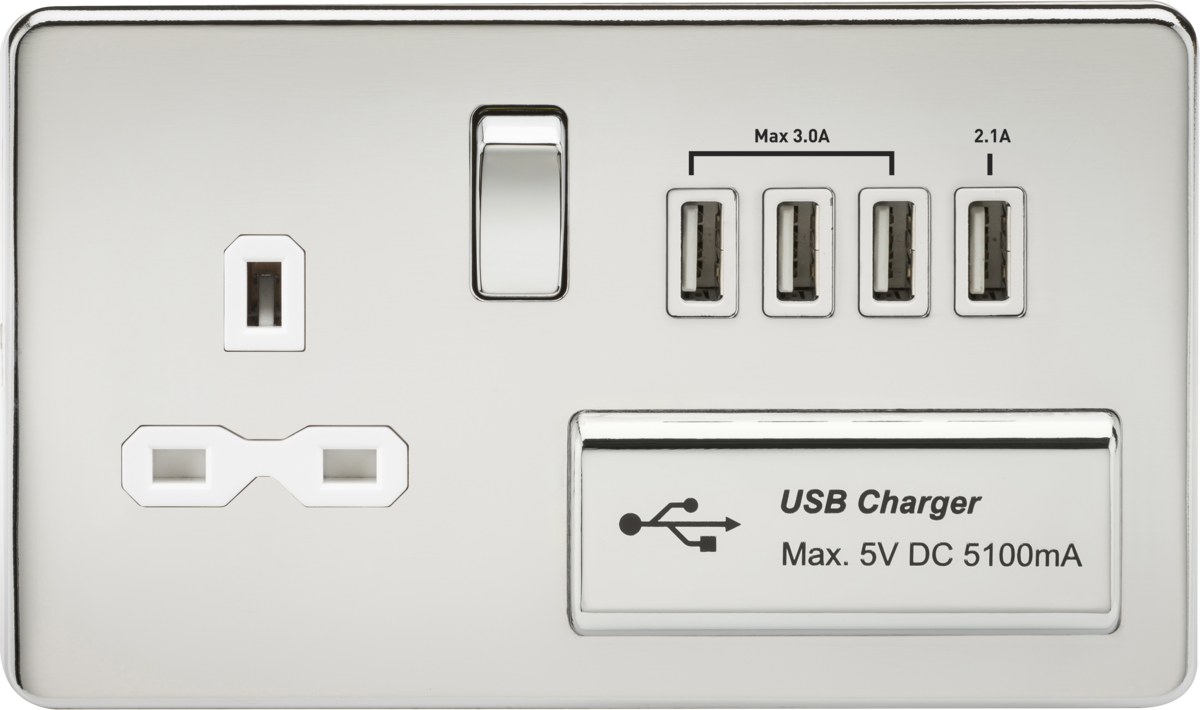 Screwless 13A switched socket with quad USB charger (5.1A) - polished chrome with white insert