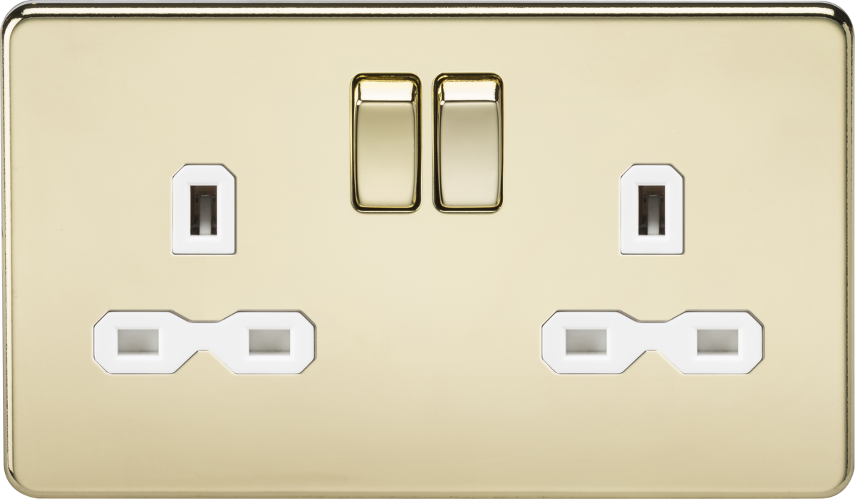 Screwless 13A 2G DP switched socket - polished brass with white insert