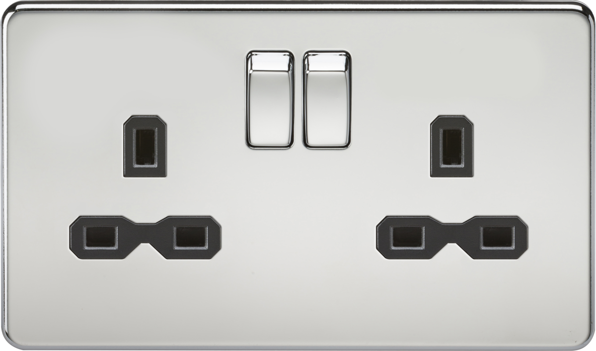 Screwless 13A 2G DP switched socket - polished chrome with black insert