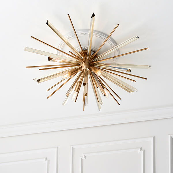 Antique brass plated flush light with glass shards