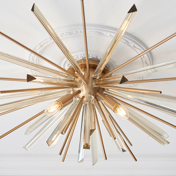 Antique brass plated flush light with glass shards