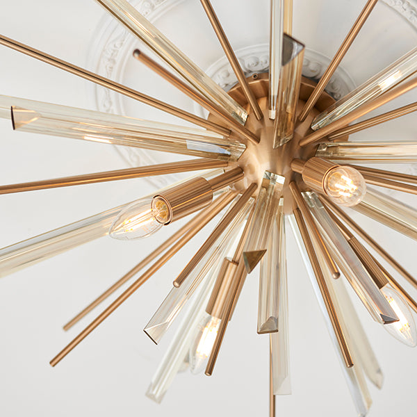 Antique brass plated flush light with glass shards