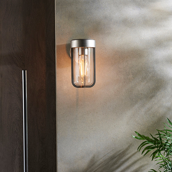 Die-cast IP44 brushed silver & clear glass E27 wall light