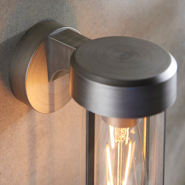 Die-cast IP44 brushed silver & clear glass E27 wall light