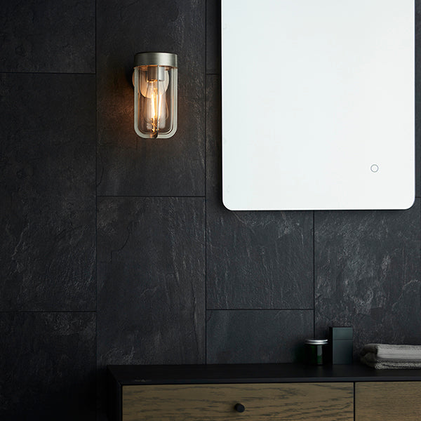 Die-cast IP44 brushed silver & clear glass E27 wall light