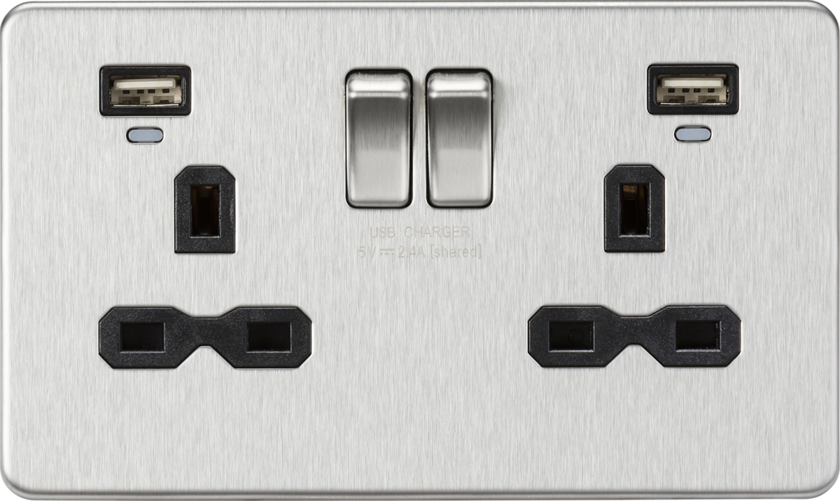 13A 2G Switched Socket, Dual USB (2.4A) with LED Charge Indicators - Brushed Chrome w/black insert