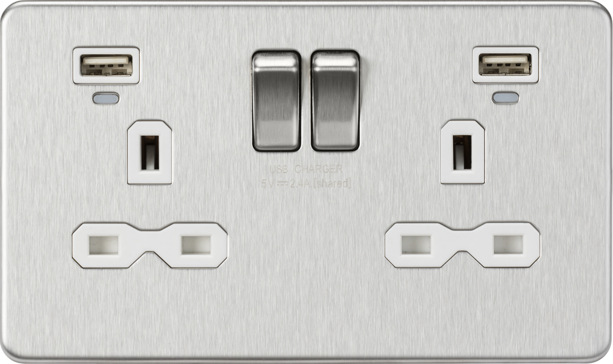 13A 2G Switched Socket, Dual USB (2.4A) with LED Charge Indicators - Brushed Chrome w/white insert