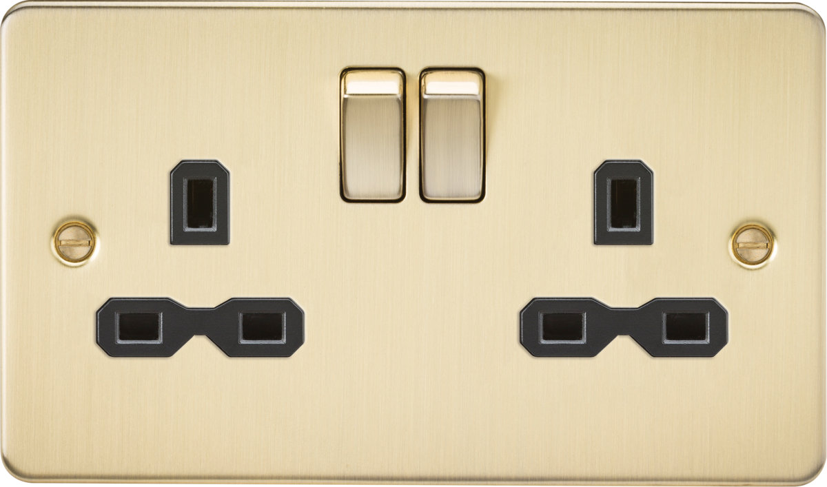 Flat plate 13A 2G DP switched socket - brushed brass with black insert