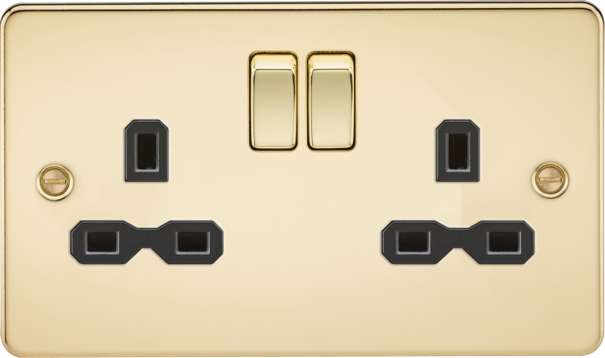 Flat plate 13A 2G DP switched socket - polished brass with black insert