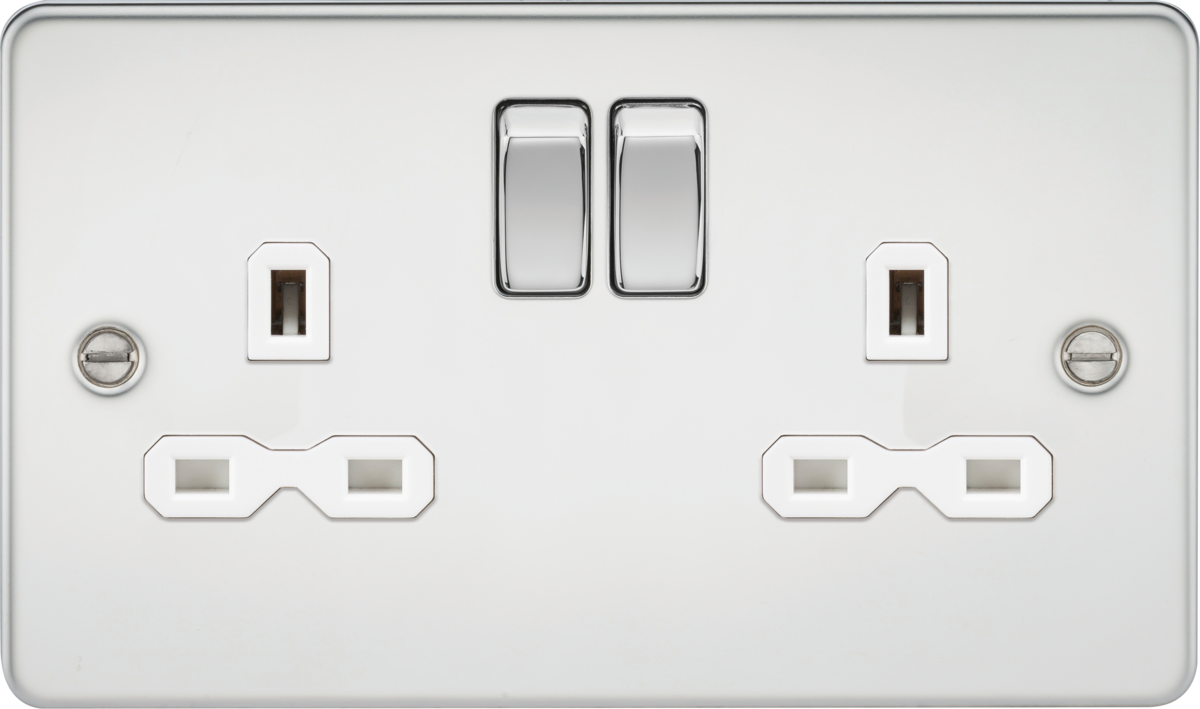 Flat plate 13A 2G DP switched socket - polished chrome with white insert