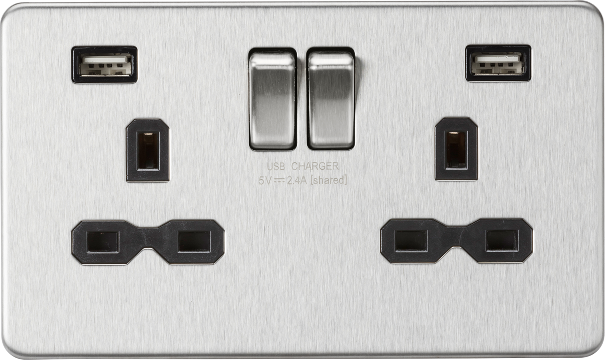 13A 2G switched socket with dual USB charger A + A (2.4A) - Brushed chrome with black insert