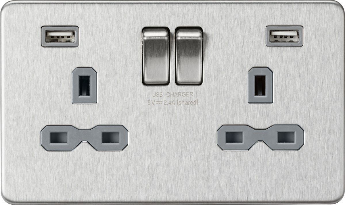 13A 2G switched socket with dual USB charger A + A (2.4A) - Brushed chrome with grey insert