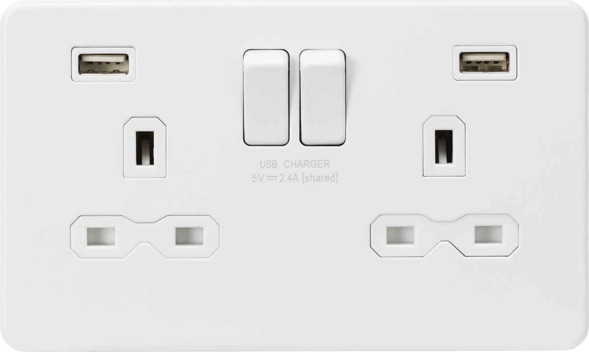 13A 2G switched socket with dual USB charger A + A (2.4A) - Matt white