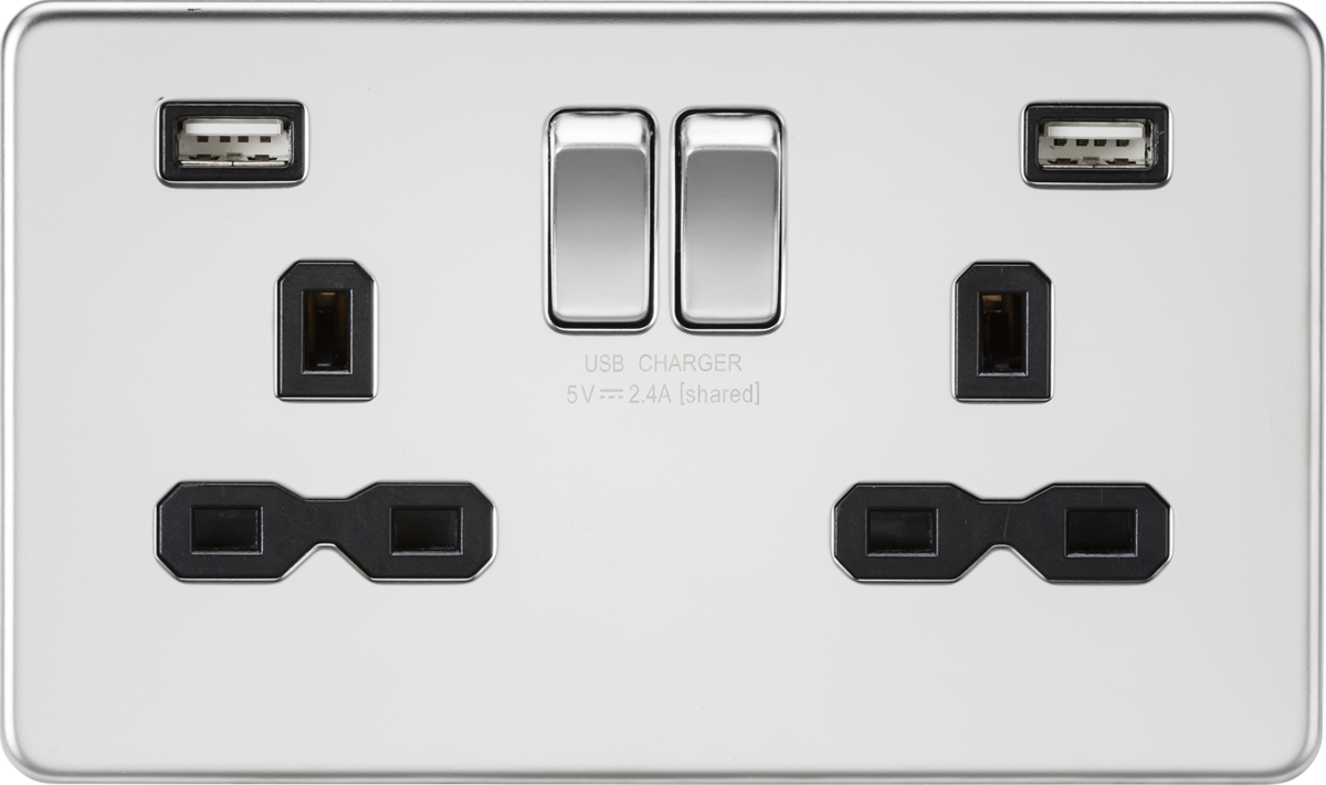 13A 2G switched socket with dual USB charger A + A (2.4A) - Polished chrome with black insert