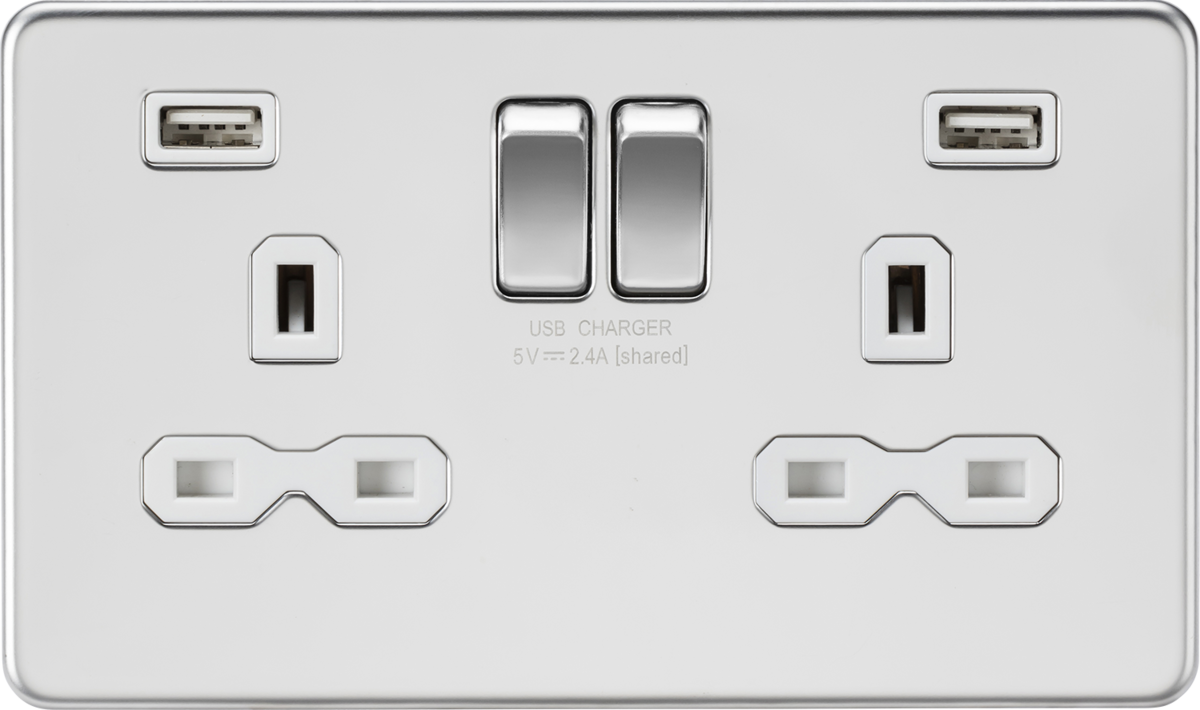 13A 2G switched socket with dual USB charger A + A (2.4A) - Polished chrome with white insert