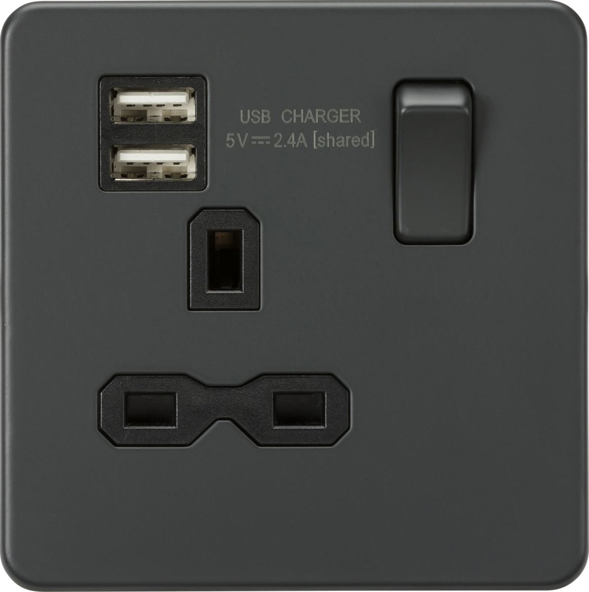 Screwless 13A 1G switched socket with dual USB charger (2.4A) - Anthracite