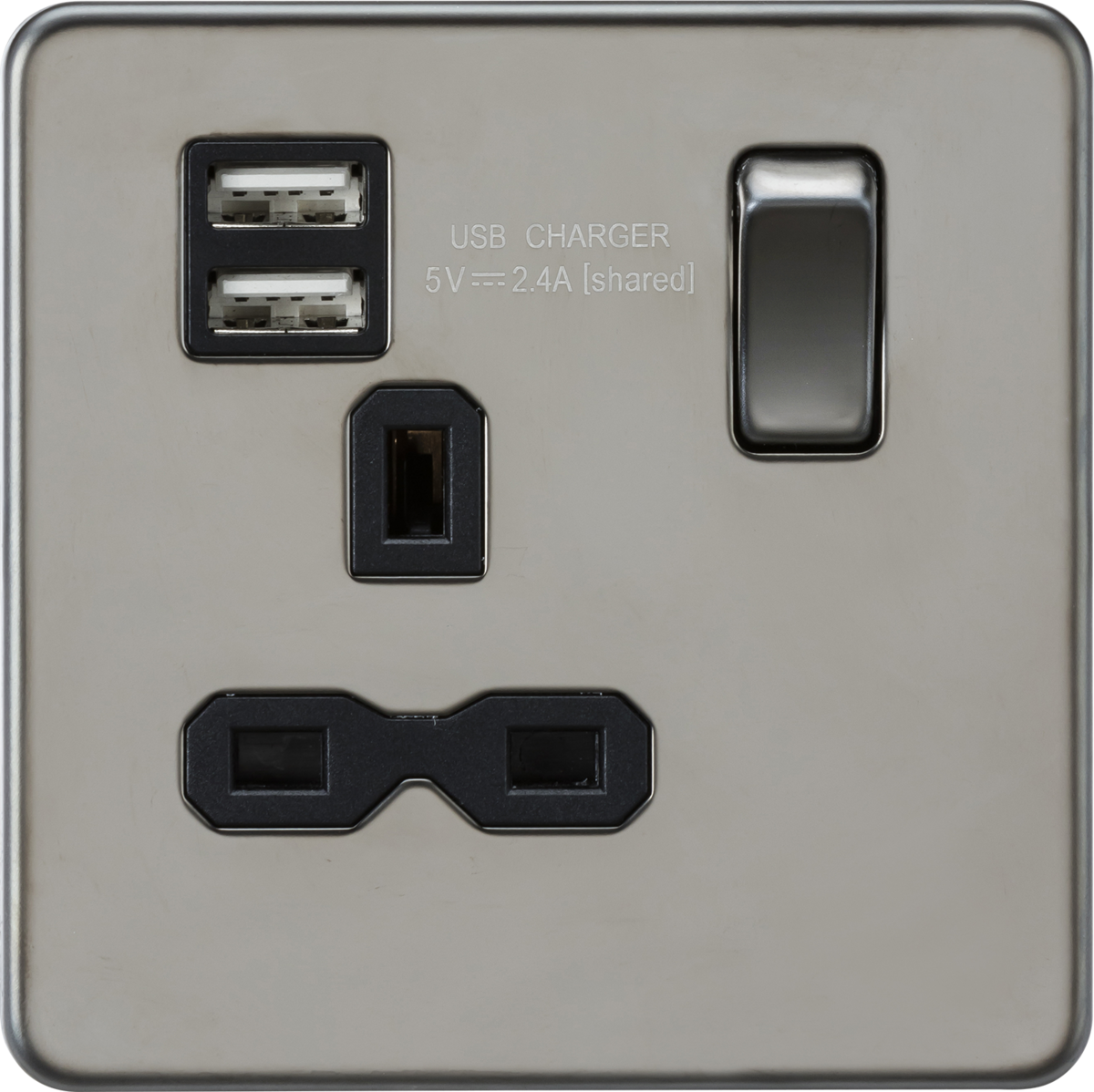 Screwless 13A 1G switched socket with dual USB charger (2.4A) - black nickel with black insert