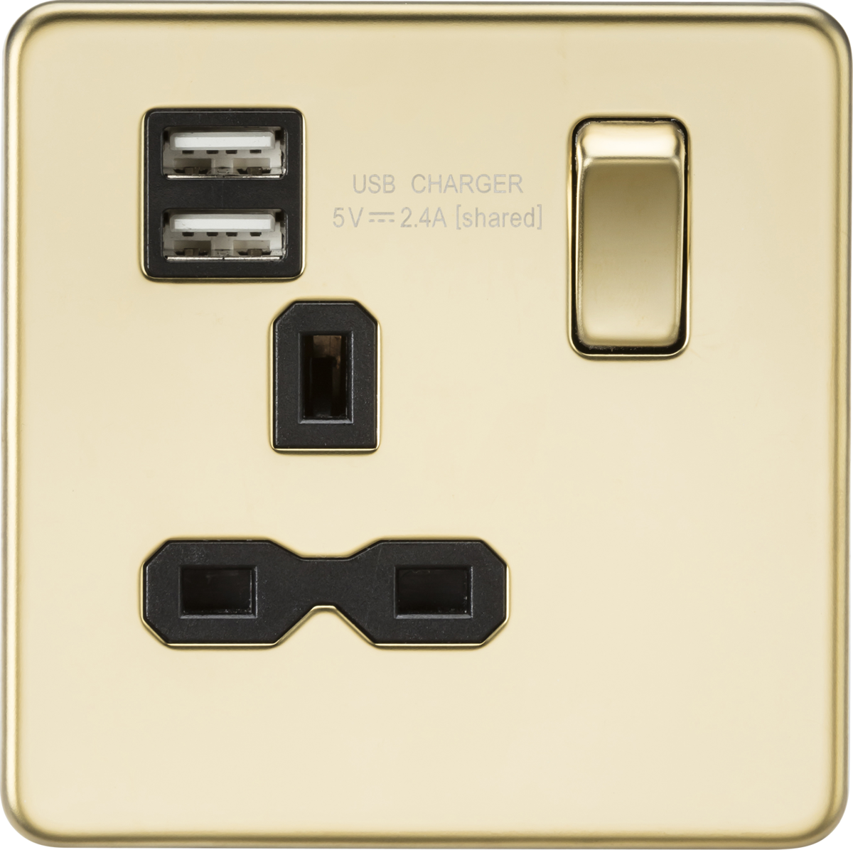 Screwless 13A 1G switched socket with dual USB charger (2.4A) - polished brass with black insert
