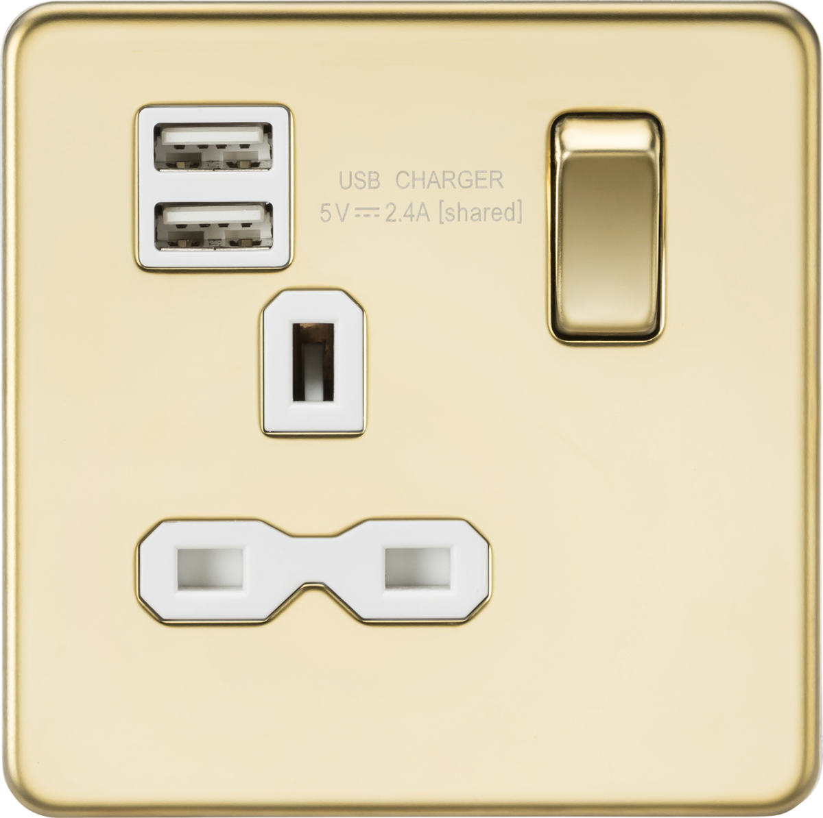 Screwless 13A 1G switched socket with dual USB charger (2.4A) - polished brass with white insert