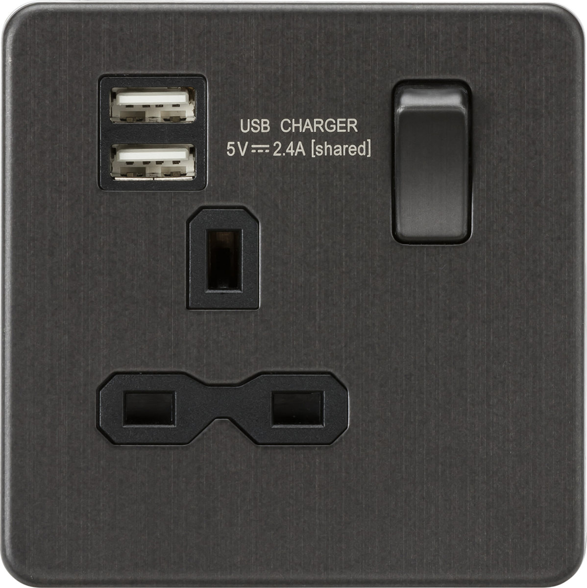 Screwless 13A 1G switched socket with dual USB charger (2.4A) - Smoked Bronze