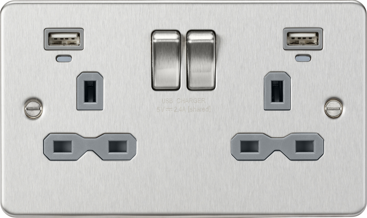 Flat plate 13A 2G switched socket with USB chargers (2.4A) - Brushed Chrome with grey insert