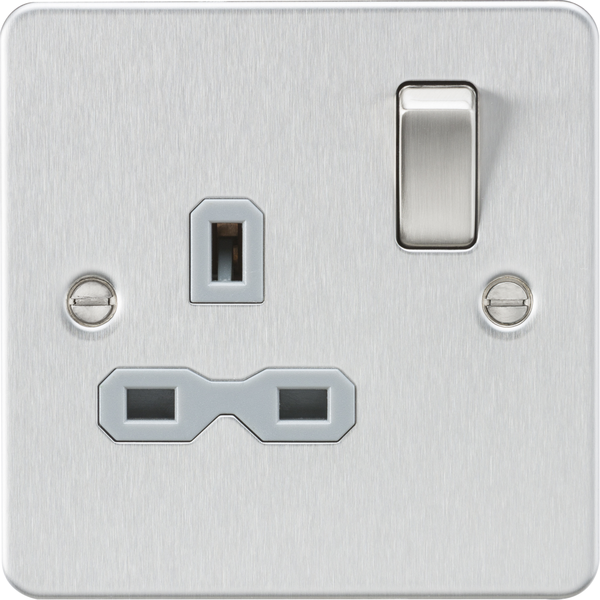 Flat plate 13A 1G DP switched socket - brushed chrome with grey insert
