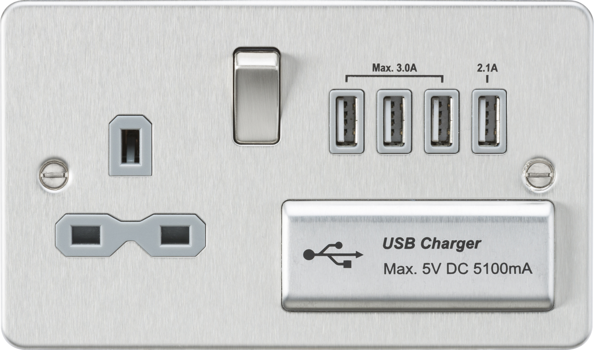 Flat plate 13A switched socket with quad USB charger - brushed chrome with grey insert