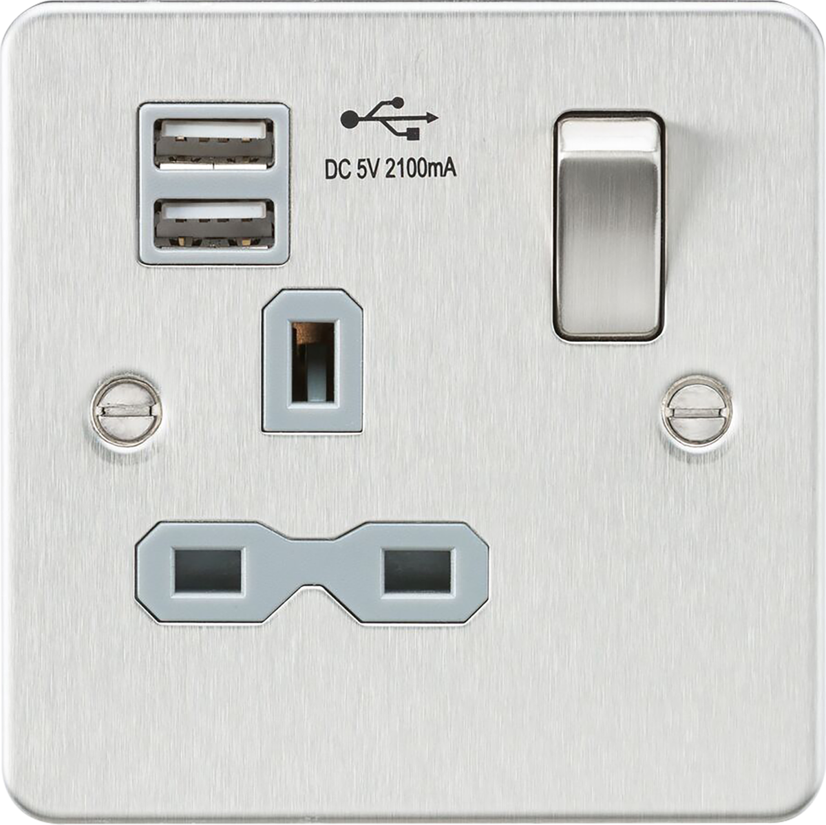 Flat plate 13A 1G switched socket with dual USB charger (2.1A) - brushed chrome with grey insert