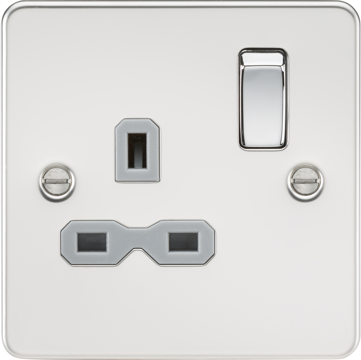 Flat plate 13A 1G DP switched socket - polished chrome with grey insert