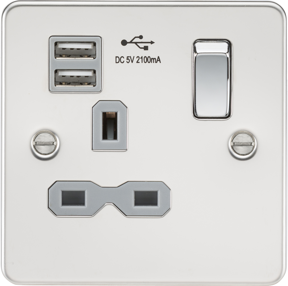 Flat plate 13A 1G switched socket with dual USB charger (2.1A) - polished chrome with grey insert