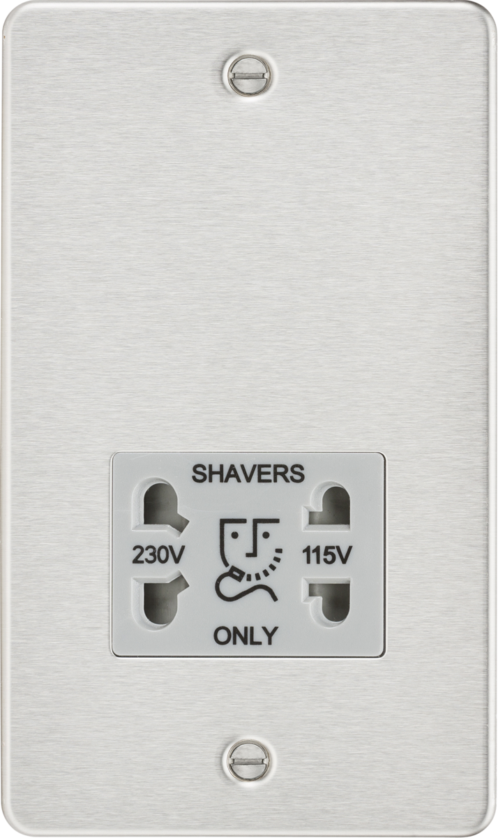 Flat plate 115/230V dual voltage shaver socket - brushed chrome with grey insert