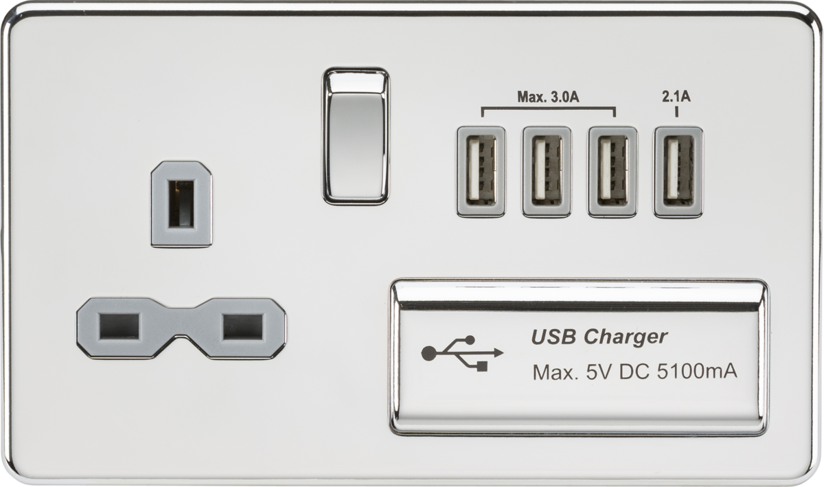 Screwless 13A switched socket with quad USB charger (5.1A) - polished chrome with grey insert