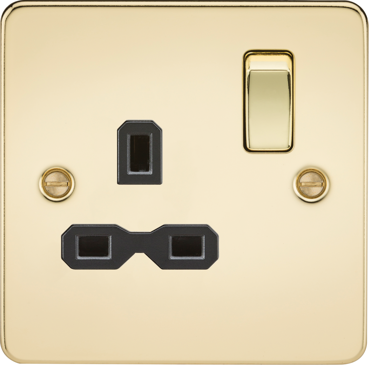 Flat plate 13A 1G DP switched socket - polished brass with black insert