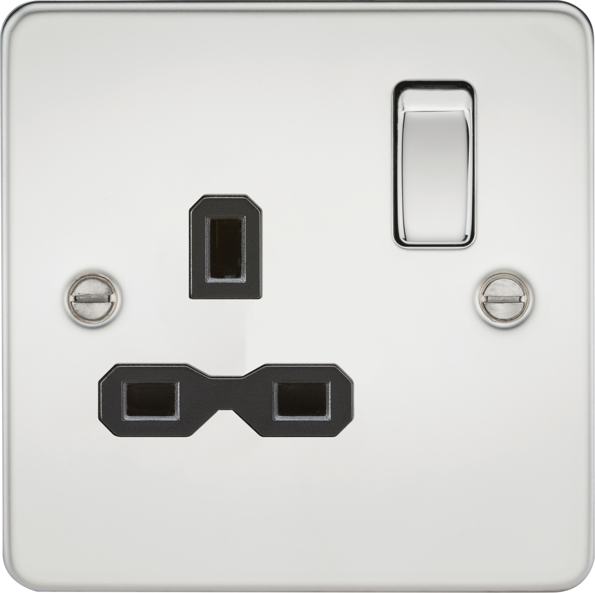 Flat plate 13A 1G DP switched socket - polished chrome with black insert
