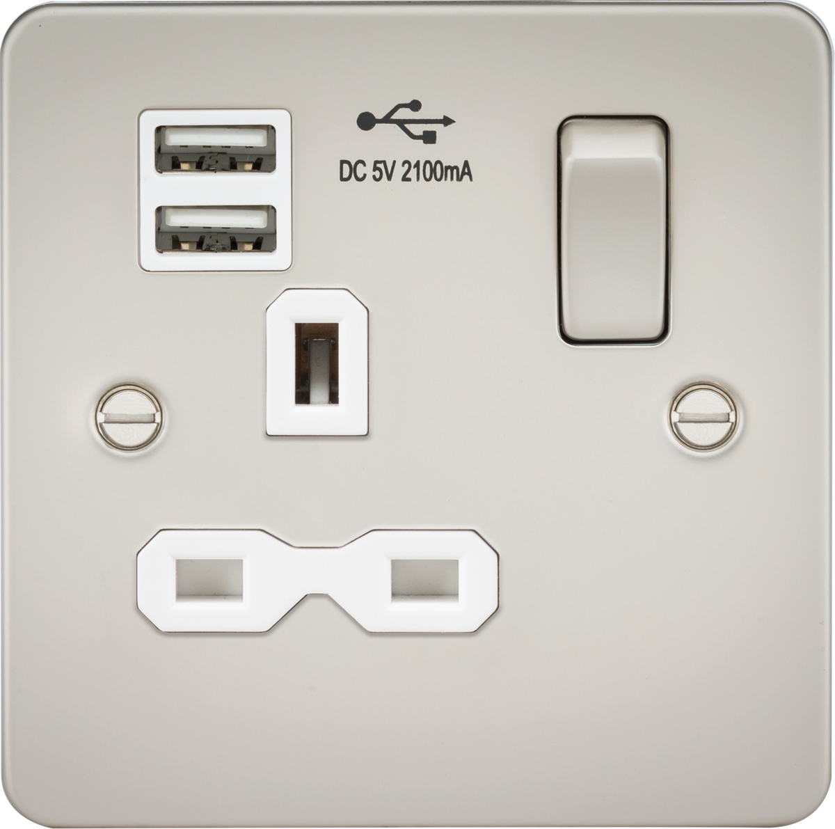 Flat plate 13A 1G switched socket with dual USB charger (2.1A) - pearl with white insert