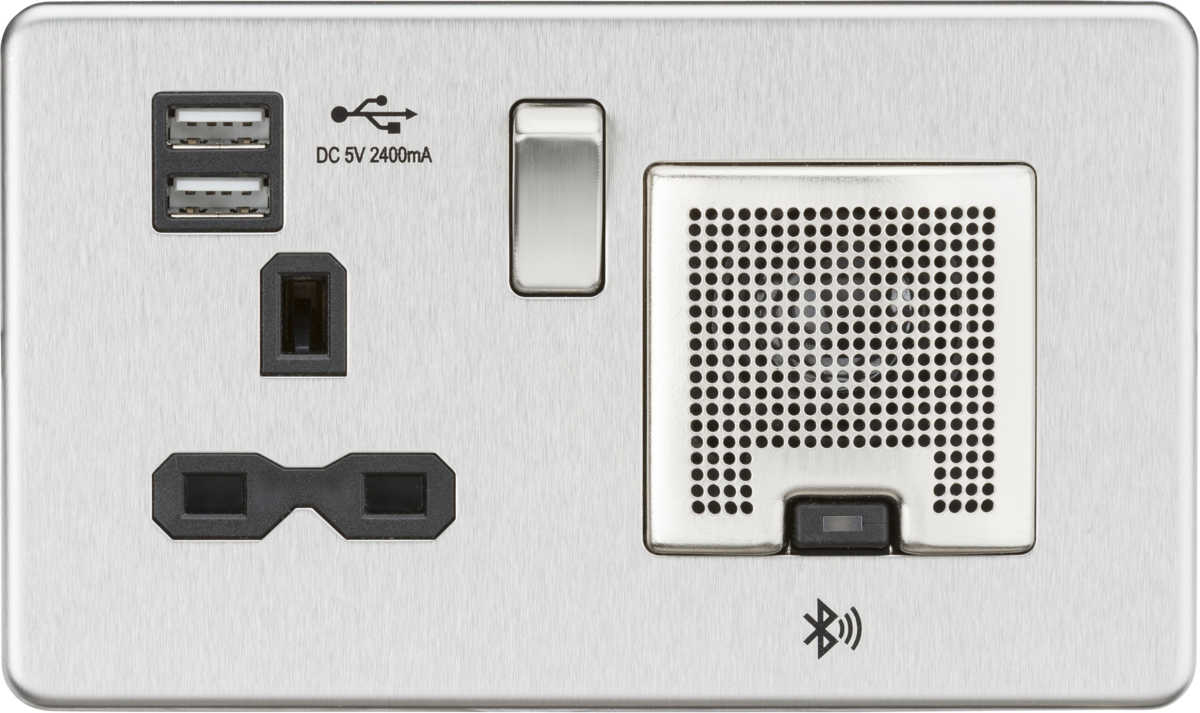 Screwless 13A socket, USB chargers (2.4A) and Bluetooth Speaker - Brushed chrome with black insert