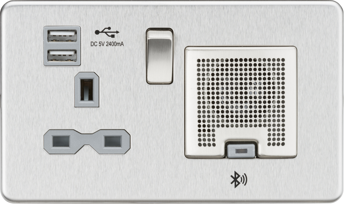 Screwless 13A socket, USB chargers (2.4A) and Bluetooth Speaker - Brushed chrome with grey insert