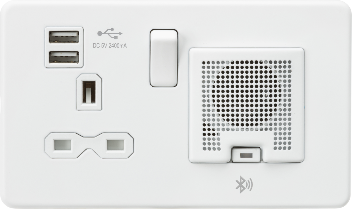 Screwless 13A socket, USB chargers (2.4A) and Bluetooth Speaker - Matt white