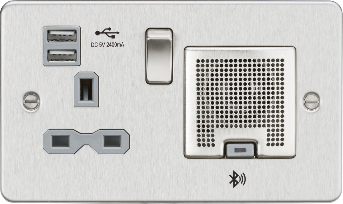 Flat Plate 13A socket, USB chargers (2.4A) and Bluetooth Speaker - Brushed chrome with grey insert